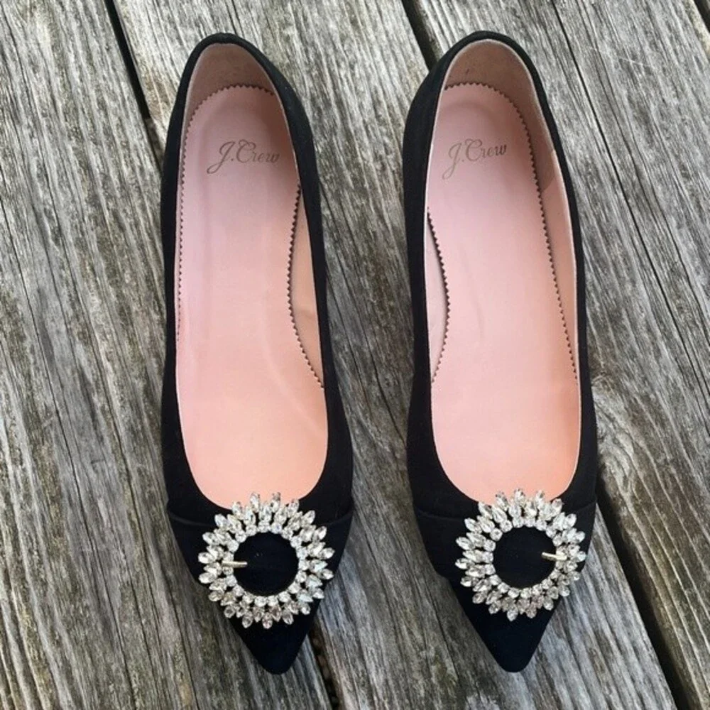 J.Crew Pointed Toe Suede Flats with Crystal Buckle Details in Black 7 NWOB